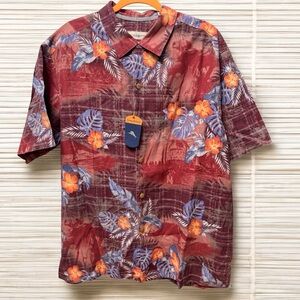 NWT Tommy Bahama Men's Floral Hawaiian Shirt - Red and Blue Large
